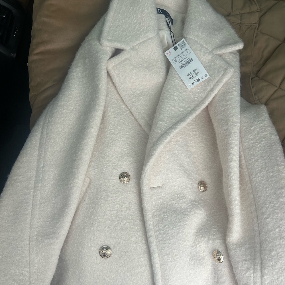 Cream Pea Coat with Textured Fabric and Wide Notched Lapel